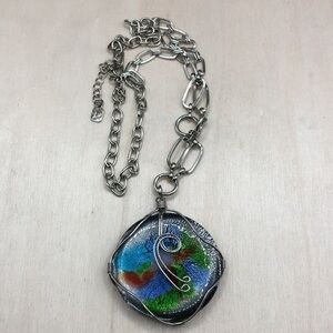 Chunky Chain Art Glass Pendant Necklace Statement Style